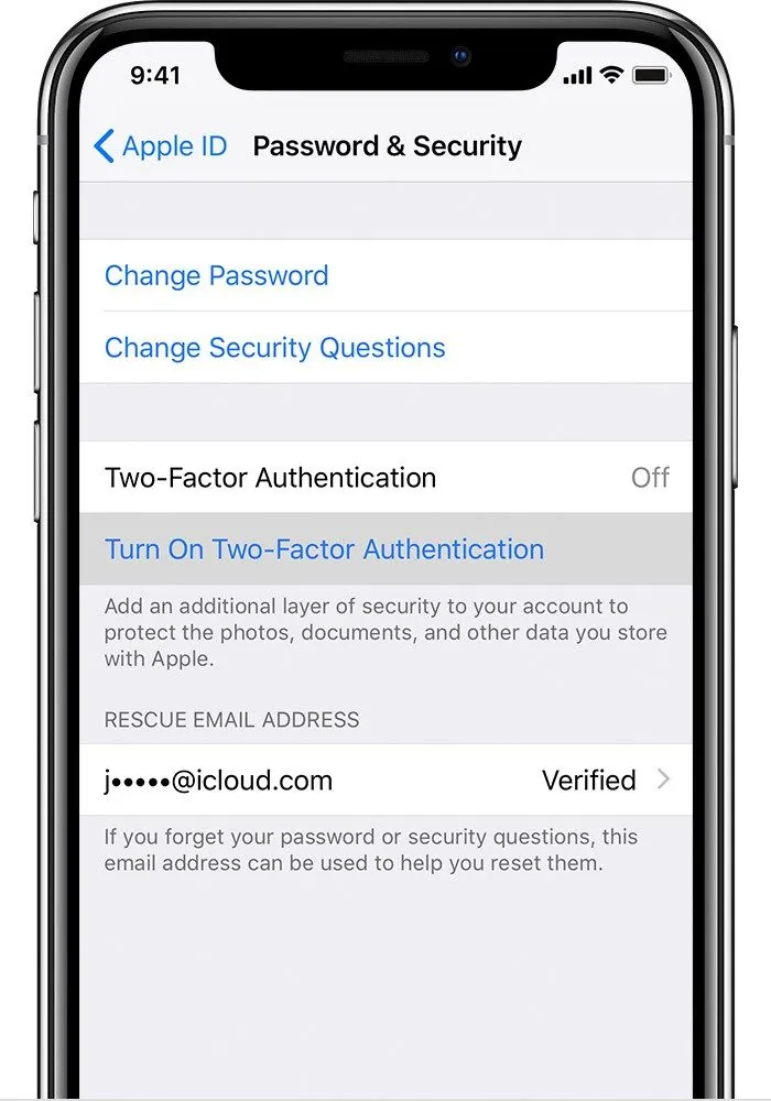 Turning on two-factor authentication on iPhone