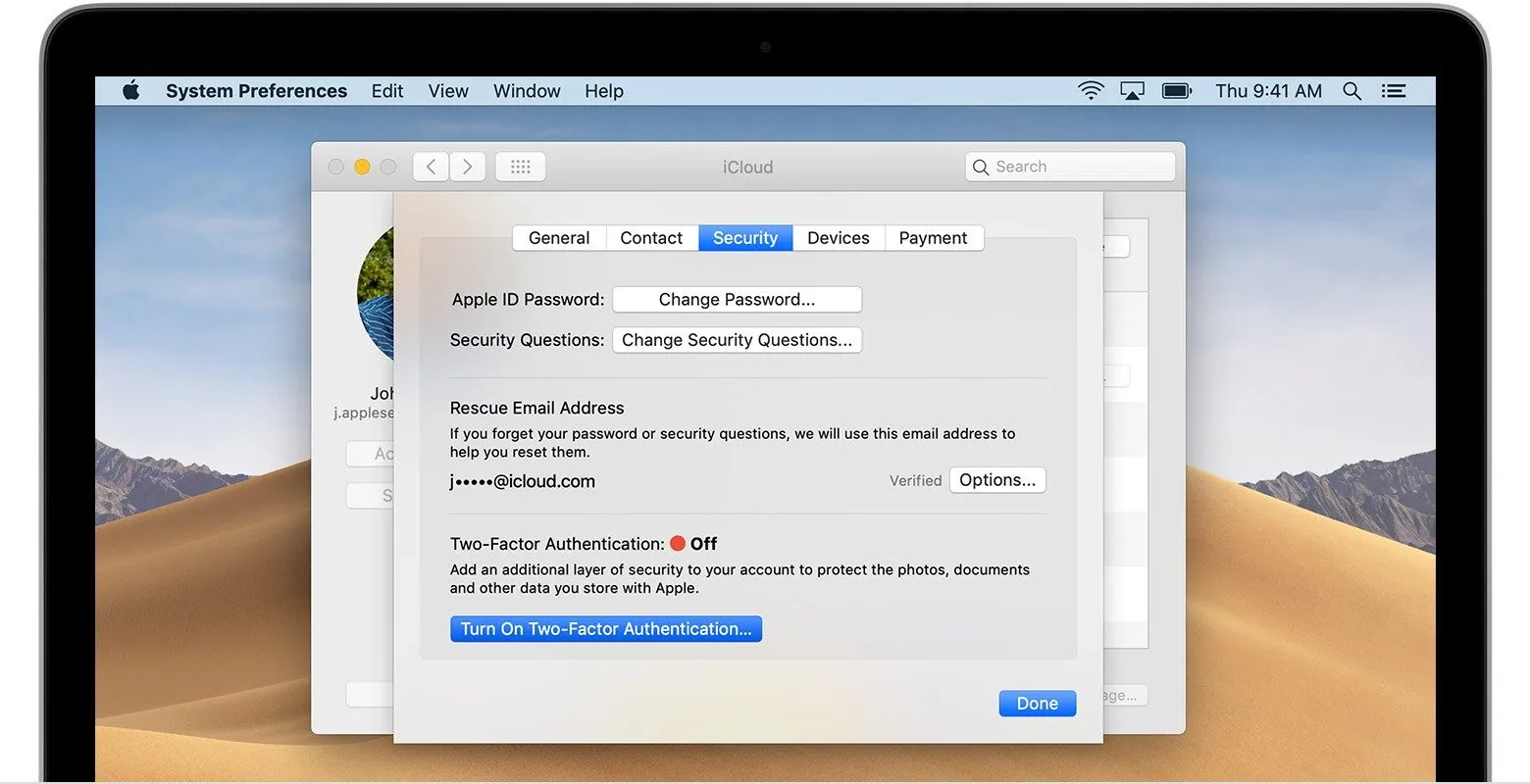 Turning on two-factor authentication on a Mac
