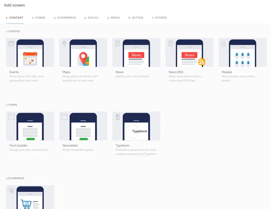 The list of available screens