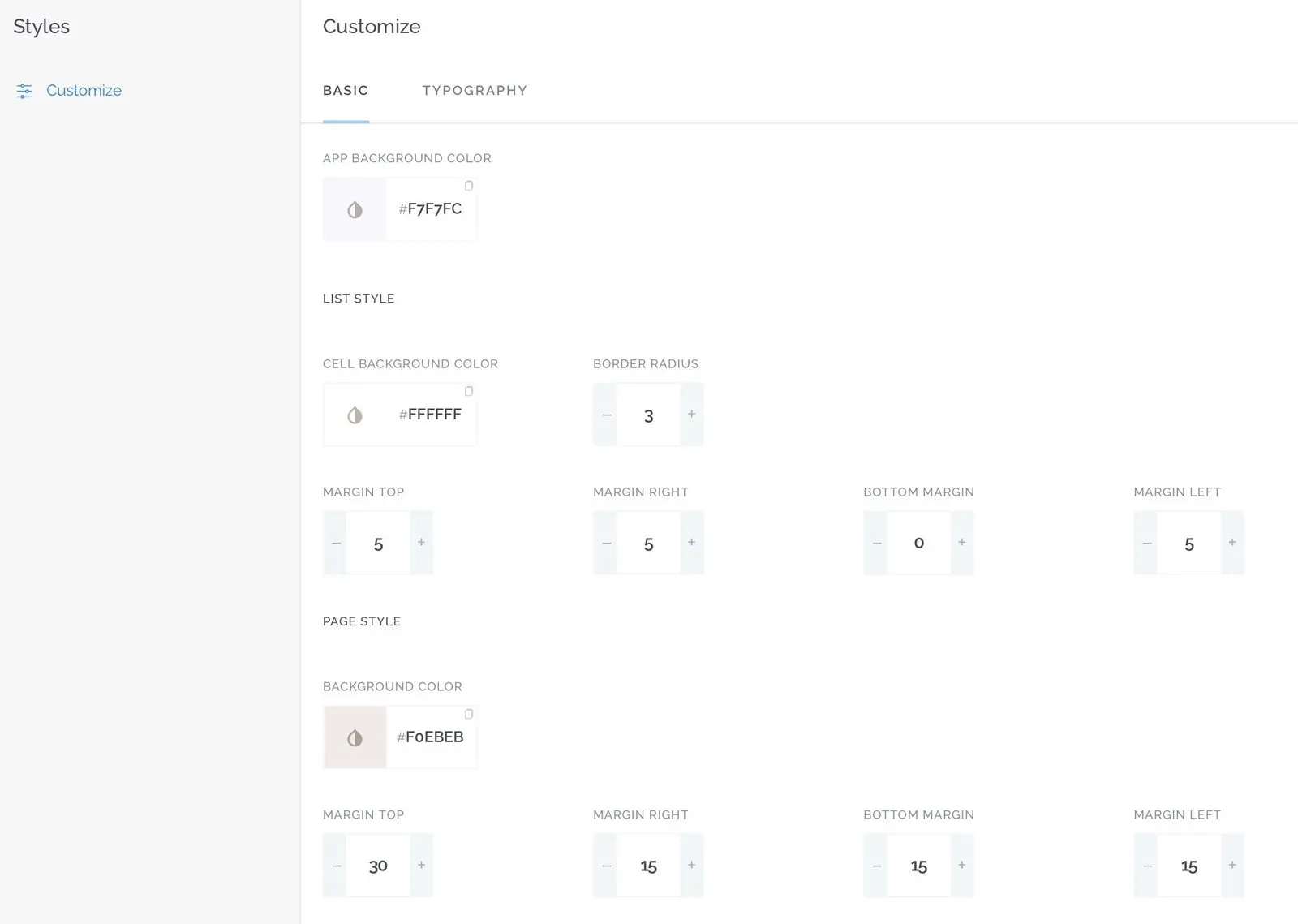 Basic and Typography settings
