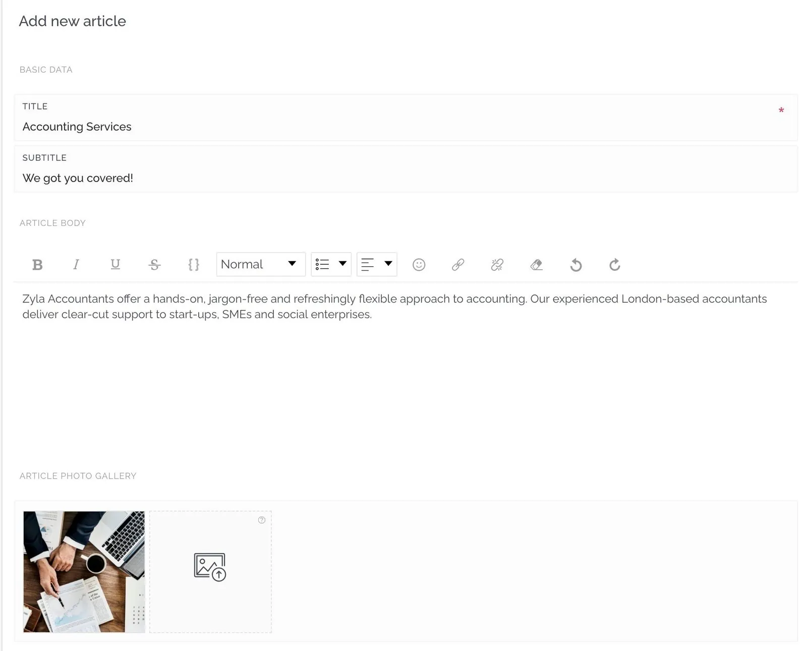 An article in the dashboard