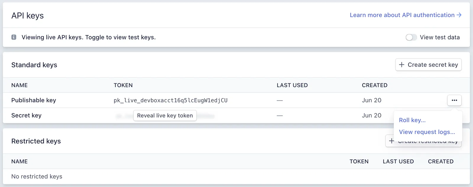 Stripe live keys